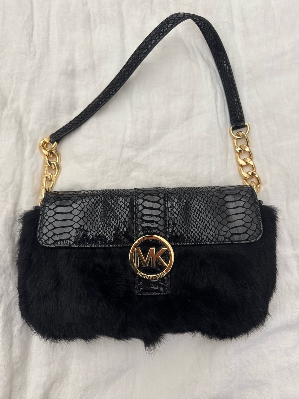 Michael Kors Black Rabbit Fur & Snake-Embossed Leather Handbag w/ gold hardware